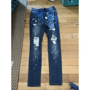 NWT Fashion Nova Distressed Blue Denim Jeans with‎ Paint Splatter Size 11